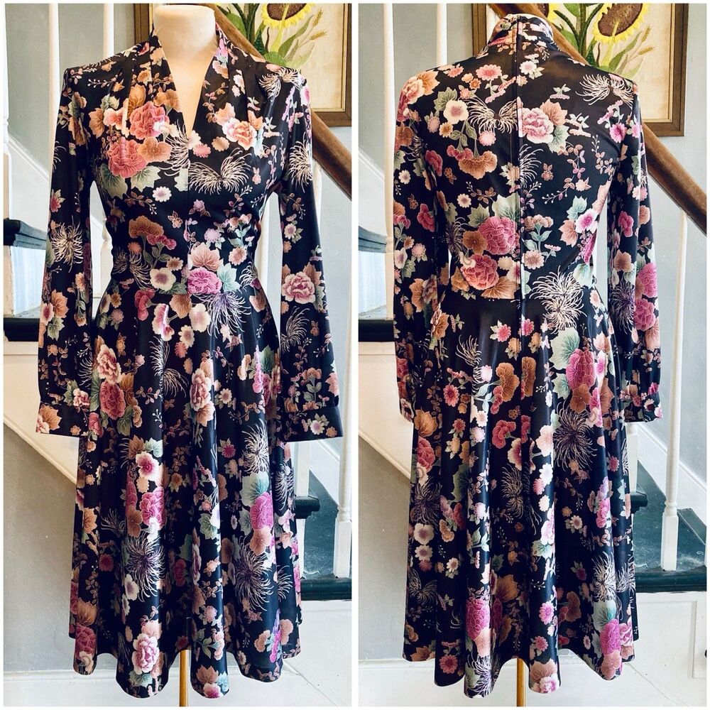 1970s Disco Polyester 1950s-inspired Fit And Flare Swing Dress Carnation Print